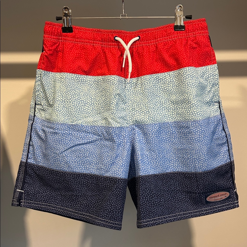 Vineyard Vines boys swim trunks. Size Large/16. Blue/red dot design. Like new!